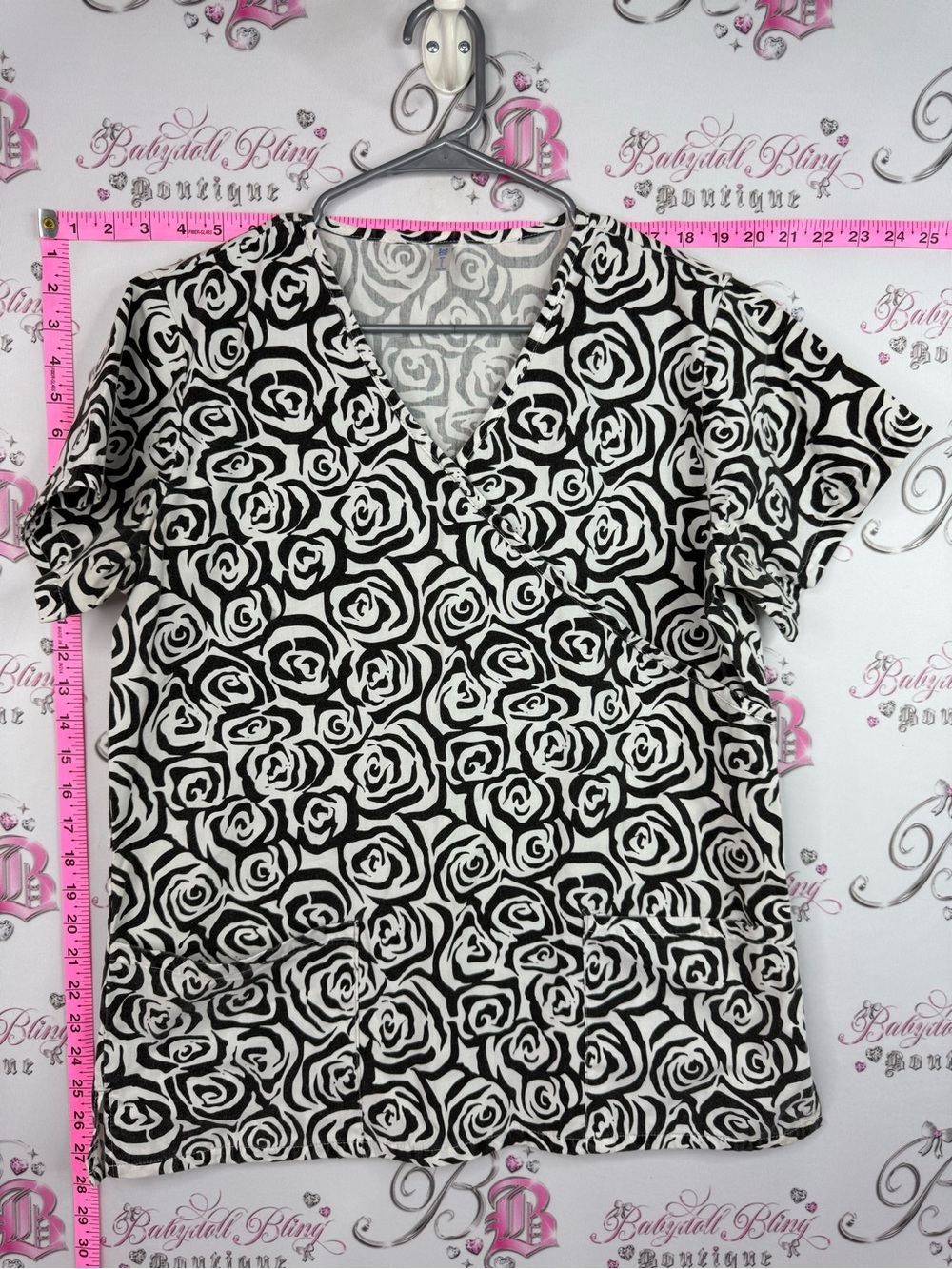 White cross scrubs top roses Black & White Floral V-Neck Women’s Top